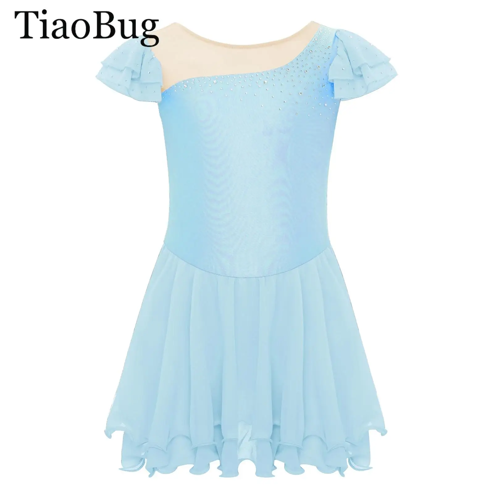 

Kids Girls Sleeveless Ruffle Gymnastics Ballet Leotard Dress Sheer Mesh Patchwork Rhinestones Figure Skating Costume Performance