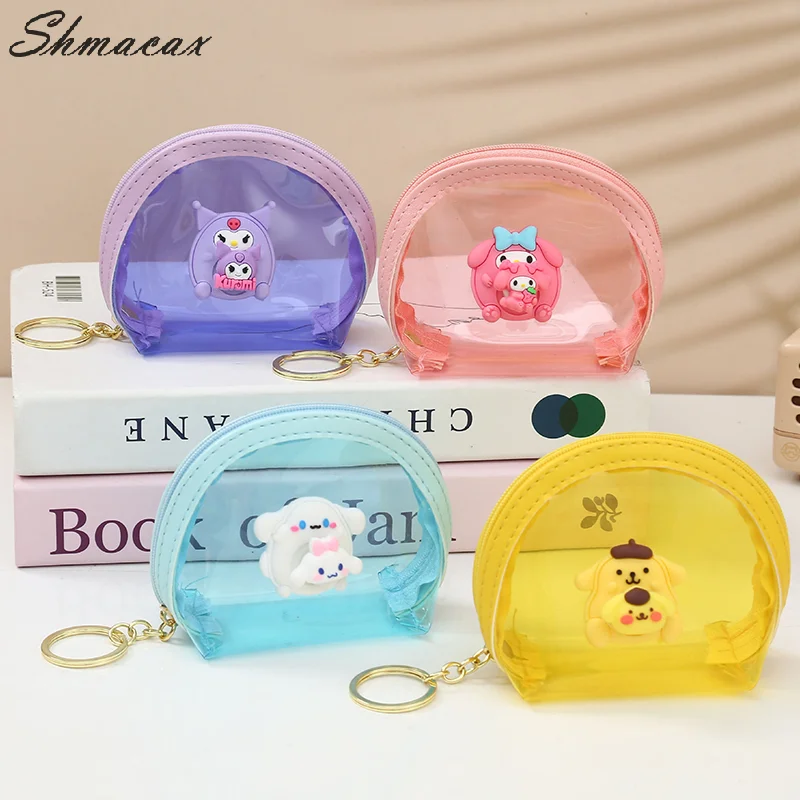 Kawaii Transparent Coin Purse Cinnamoroll Jelly Bag Kuromi Melody Earphone Bag Keychain Beach Bag Portable Key Case