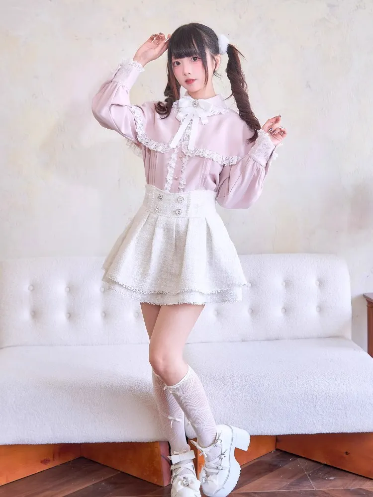 Japanese Mine Style Mass-produced Cape Collar Long Sleeve Shirts Tops High Waist Heart Buckle A-line Skirts Two-piece Sets Women