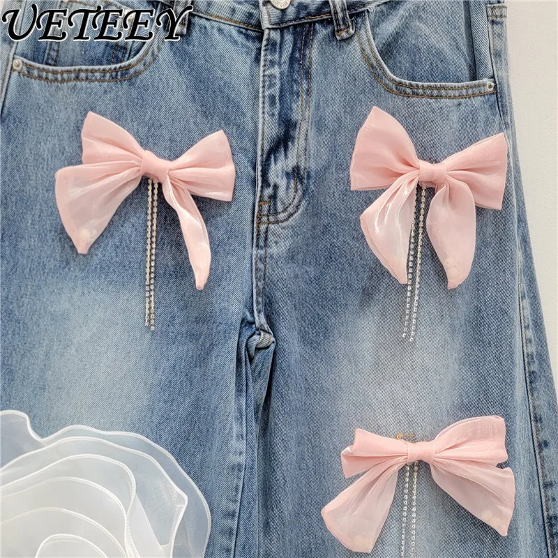 Bow Tassel Rhinestone Wide Leg Baggy Jeans New High Street Slimming All-Matching Straight Trousers Casual Pants for Women