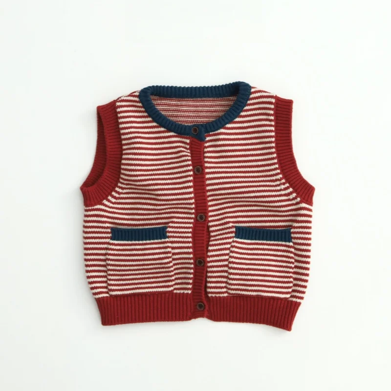 2026 Spring Kids Knitted Vest 100% Cotton Korean 1-6Y Children Boys Girls Color Blocking Stripe Button up Sleeveless Sweater