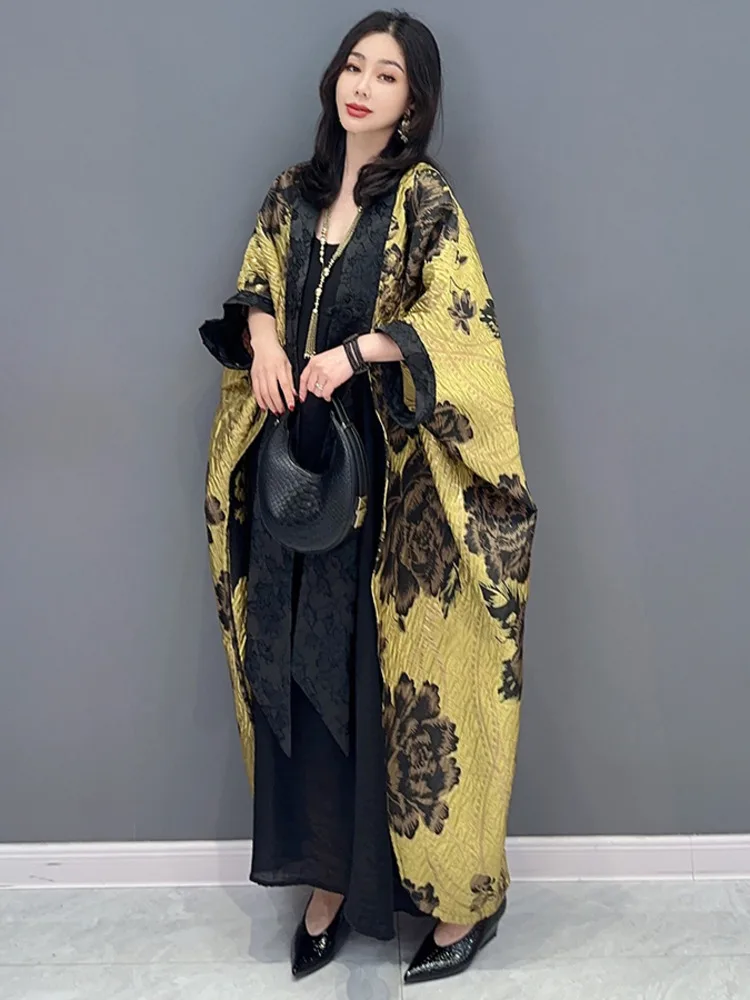 SHENGPALAE Chinese Style Flower Print Dark Casual Loose Bat Sleeve Elegant Chic Cardigan Coat 2024 Spring New Clothing 5R2236