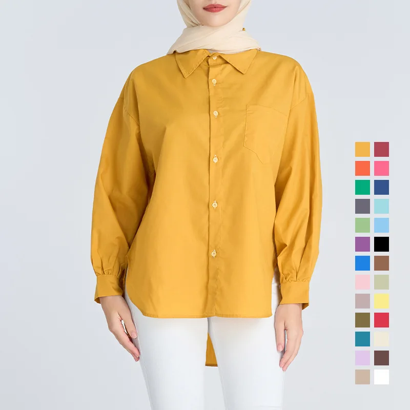 

2023 Solid Color Top Pocket Decoration Women Basic Blouse Turn Down Collar Long Sleeve Shirt Tops Muslim Female Dubai Islamism