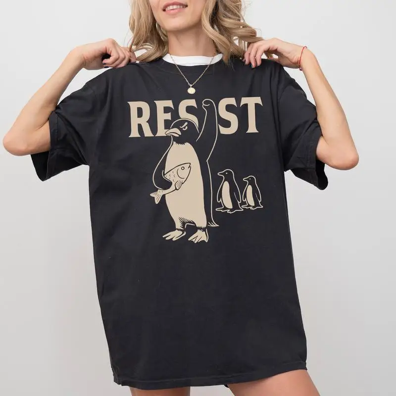 

Women's "RESIST" Penguin T-Shirt Funny Climate Change Activist Tee Environmental Protection Animal Lover Gift Top
