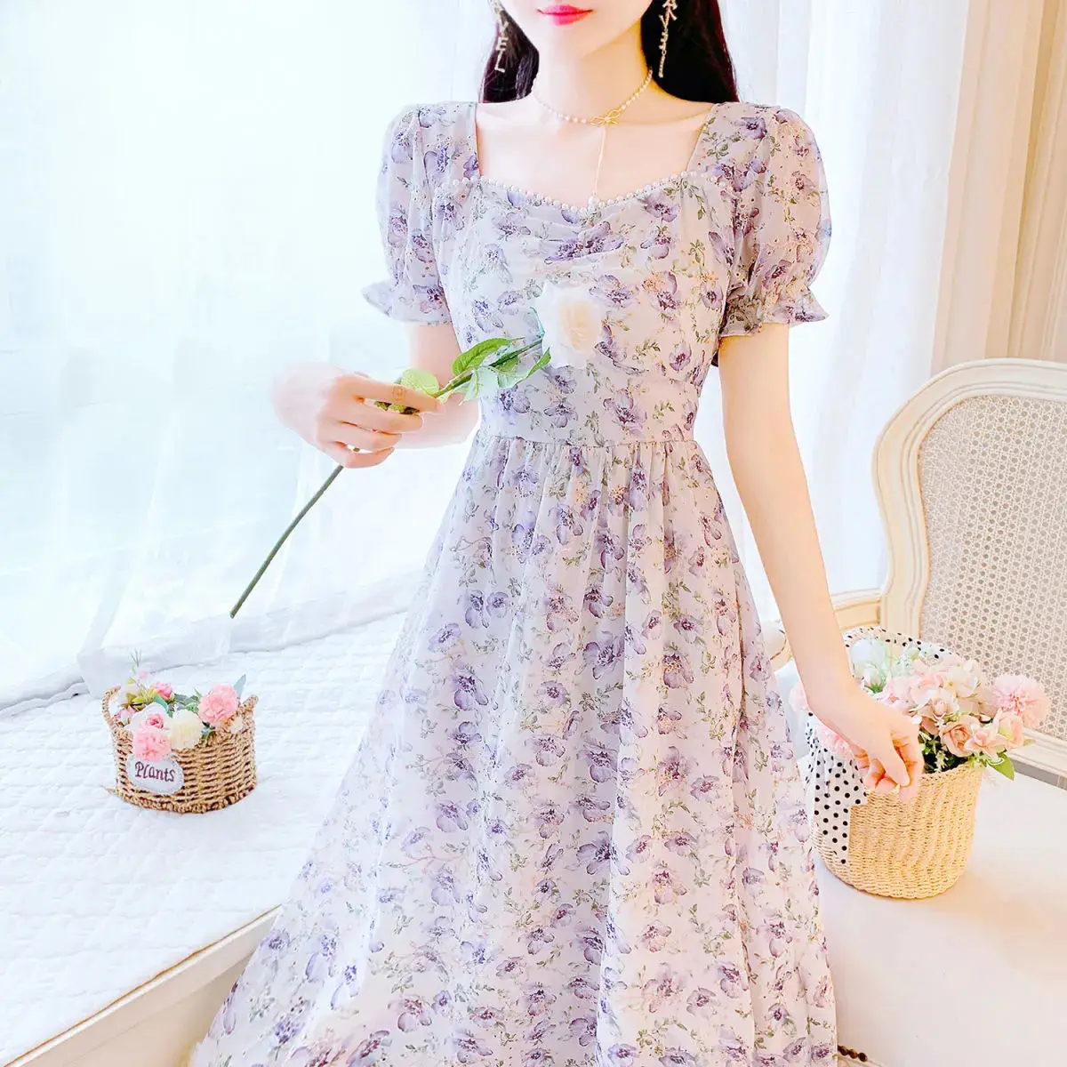 2022 Summer French Vintage Floral Chiffon Dress Square Collar Puff Sleeves A-line Dress Korean Elegant Fashion Dress for Women