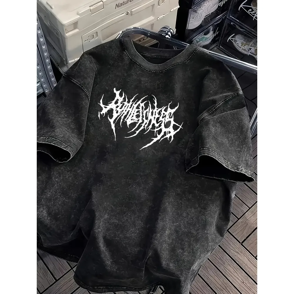 Vintage Acid Wash Powerfulness Gothic Metal Font Graphic T-Shirt Oversized Streetwear Casual Cotton Tops for Men Women