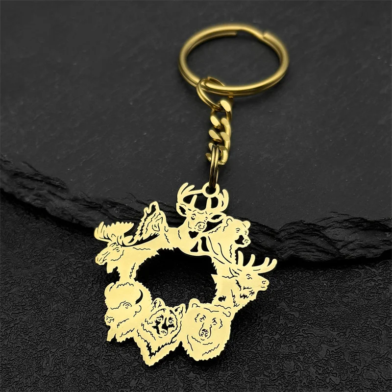 Cute Animals Pendant Key Ring for Women Men Stainless Steel Gold Color Elk Bear Wolf Sheep Hollow Key Chain Jewelry Gift  K3048
