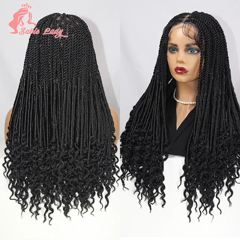 Gedraaide Vlechten Krullend Locs Synthetische Pruik Rechte Locs 3-Triple Vlecht Combinatie Full Lace Pruiken Voor Zwarte Vrouwen Vlechten Haar Pruik