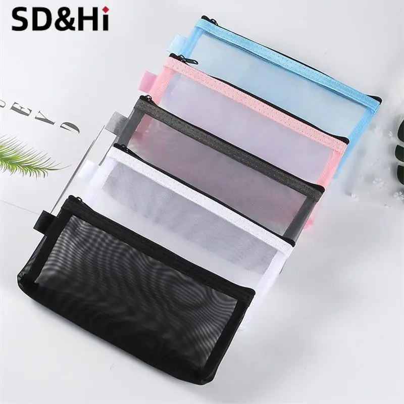 1Pc Simple Transparent Portable Mesh Pencil Case Pen Bag Office Student Pencil Cases School Supplies Pen Box Bill Storage Bag