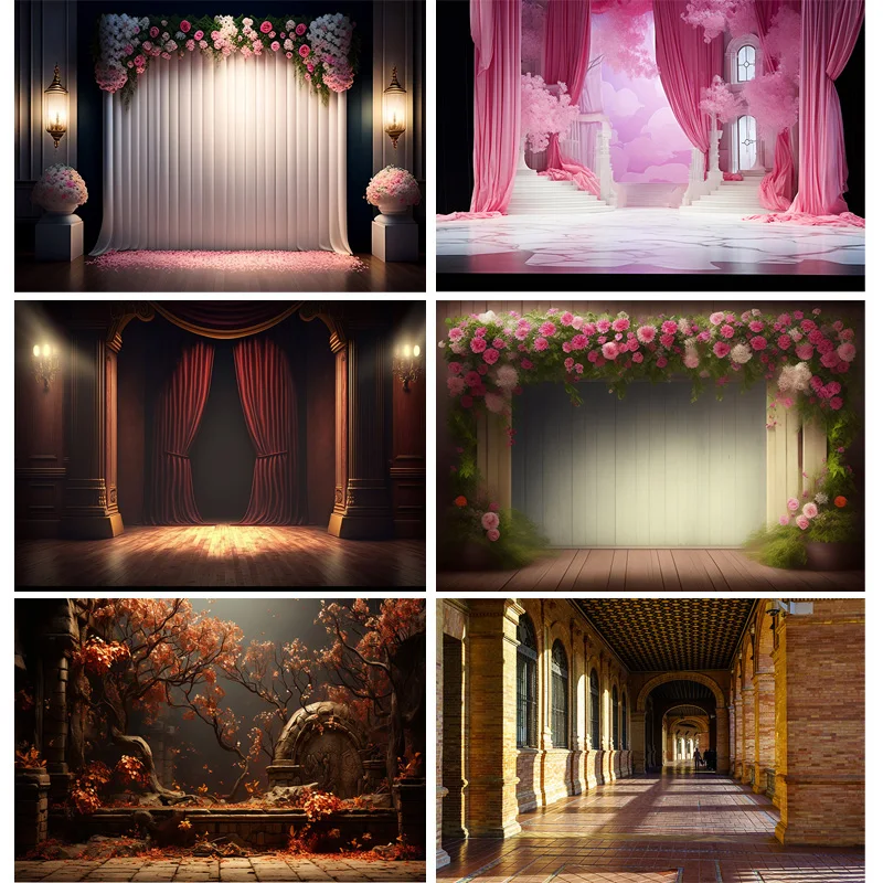 

SHENGYONGBAO Wedding Stage With Floral Arch Photography Backdrops Props Empty Room Birthday Party Indoor Background TQ-16
