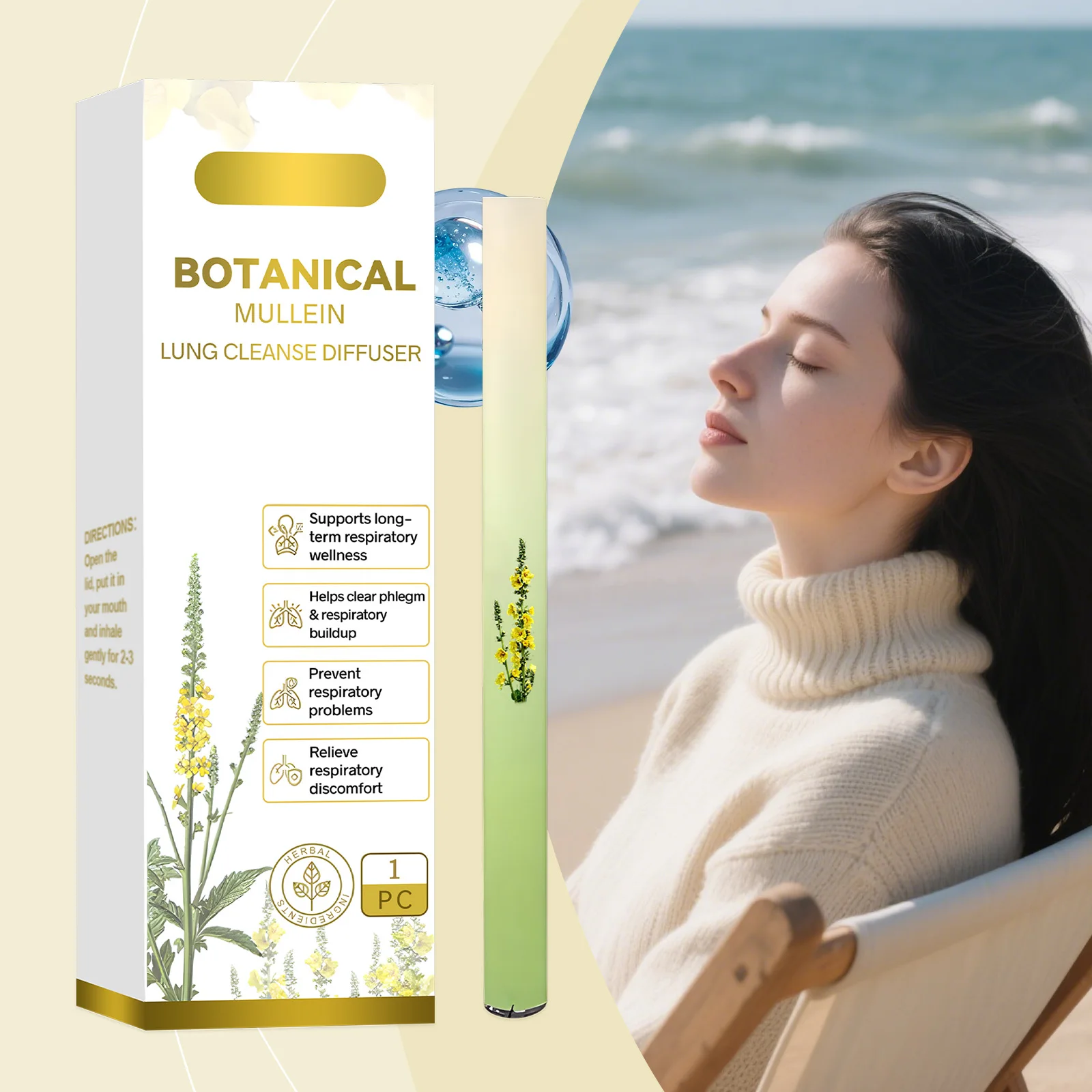 Mullein Lung Detox Stick Lungs Cleansing Treatment Diffuser Improve Breathing Care Freshening Herbal Menthol Nasal Suction 1.5ml