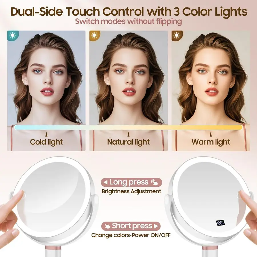 กระจกขยายพร้อมไฟ 30X 1X, จอแสดงผลดิจิตอล, ระบบควบคุมแบบสัมผัส 2 ด้าน, กระจกแต่งหน้าพร้อมไฟ 3 สี, หมุนได้ 360 องศา, ปรับความสูงได้