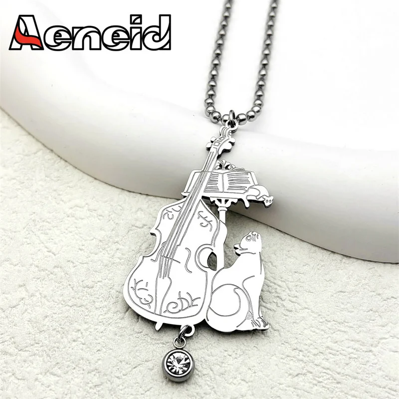 Rhinestone Stainless Steel Music Cello Cat Car Pendant for Men Women Animal Musical Bag Pendant Christmas Gift Party Jewelry