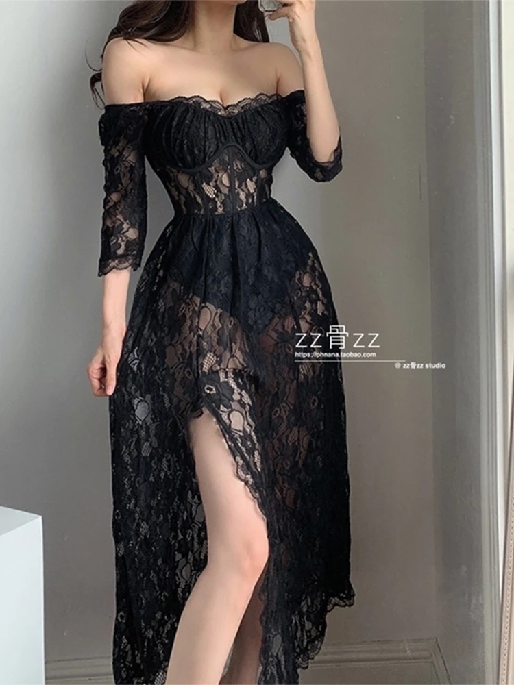 Vestido largo bohemio de manga larga para mujer, prenda coreana con cuello cuadrado, malla de encaje transparente, cintura alta, abertura, diosa, 8P