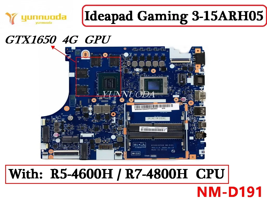 

NM-D191 For Lenovo ideapad Gaming 3-15ARH05 Laptop Motherboard With R5-4600H R7-4800H CPU GTX1650 4G DDR4 100% Tested