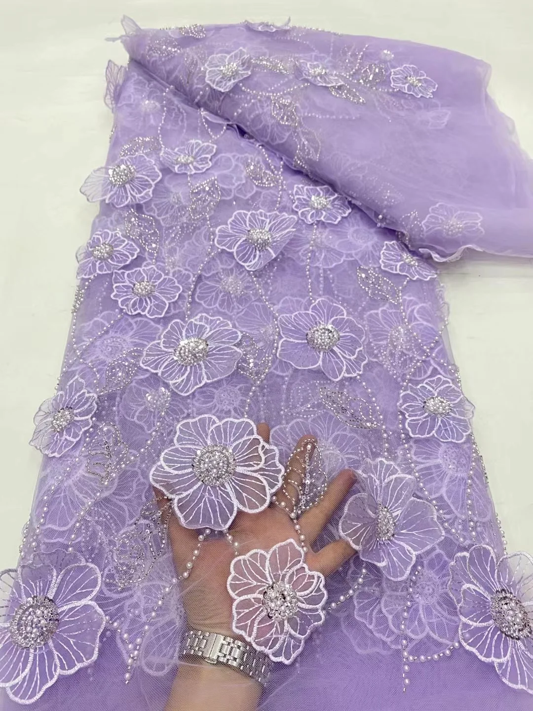 

High Quality African Nigerian 3D applique Lace Flower Fabric For Wedding With sequin Groom Embroidery French Lace Fabrics