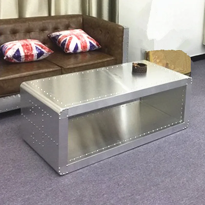 

Industrial style aluminum leather coffee table American retro old tea table personality creative nostalgic art loft rectangular