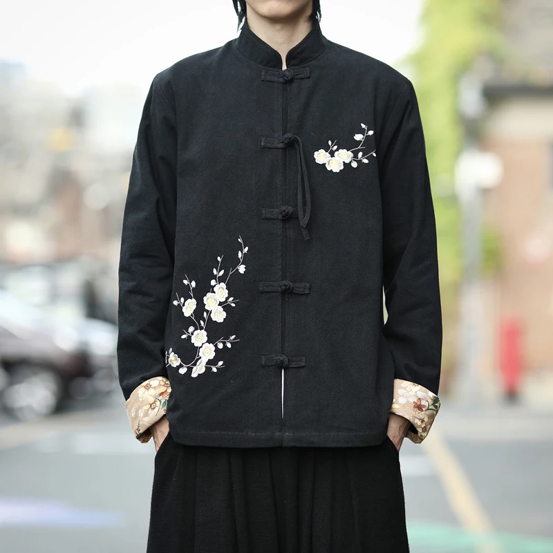 

Ele Embroidered Linen Jaet for Men Spring Autumn Vintage Button up Stand Collar Tang Costume New Chinese Sle Hanfu Cl...