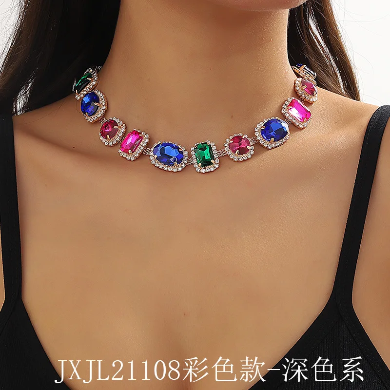 Super Flash Claw Chain Rhinestone Multi-Layer Oval Glass Drill Full Diamond Necklace Female European and American Dinner Accesso