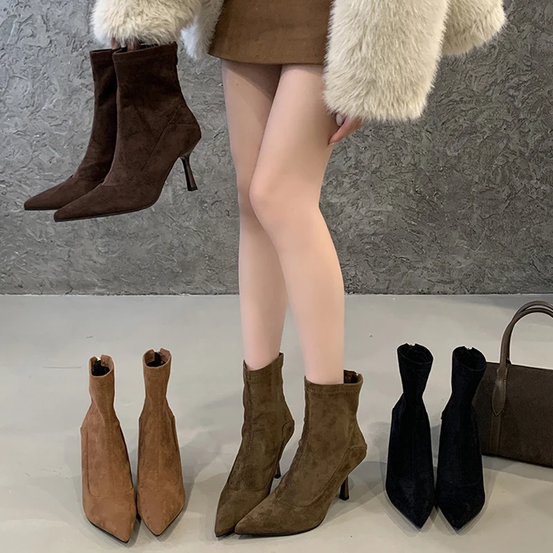 Eilyken Women Ankle Boots Sexy Thin High Heels Pointed Toe Female Shoes Spring Autumn Zipper Chelsea Short Booties