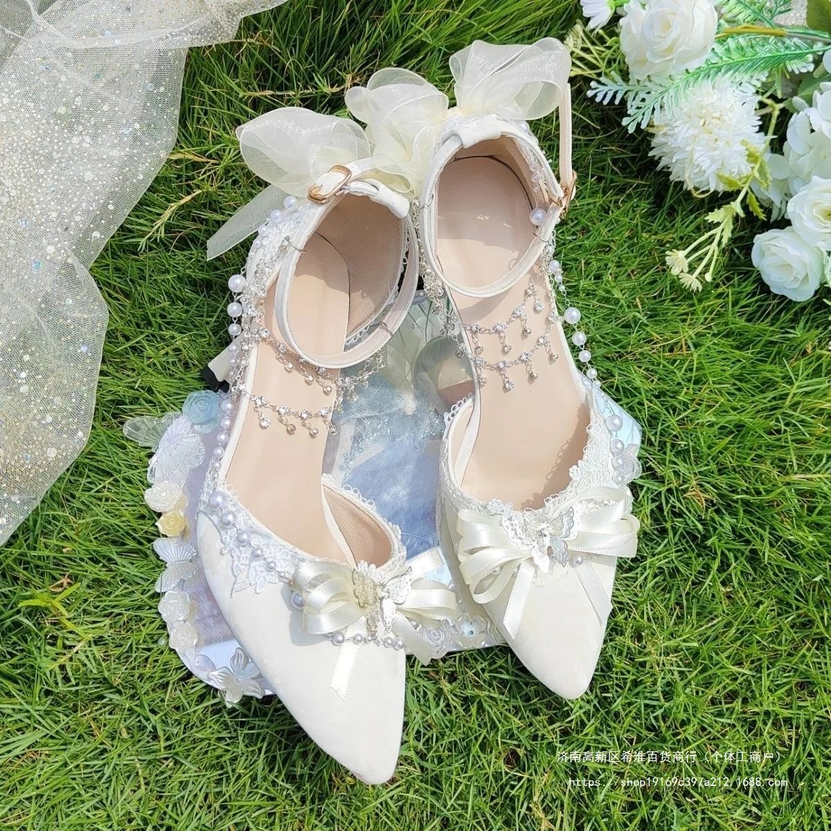 โลลิต้าดอกไม้งานแต่งงานGorgeousผู้หญิงรองเท้าส้นสูงHand-Madeเงารองเท้าPointed Toeครีม-สีขาวใหม่