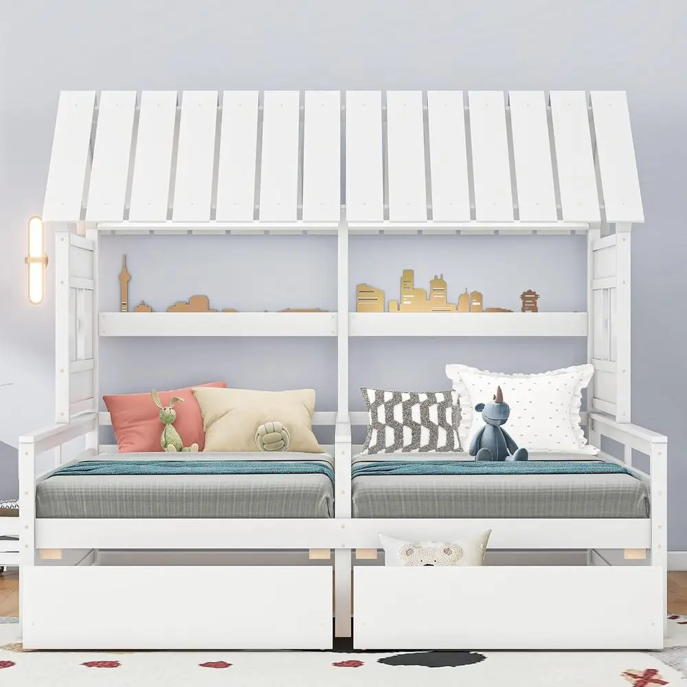 

Double Bed with Two Side-by-Side Twin Mattresses, Suitable for Boys and Girls, White