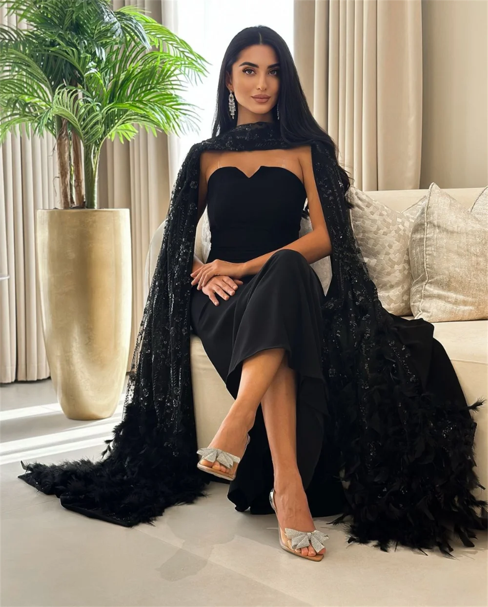 Jessical Black Sequin Glitter Prom Dresses Luxurious Feathered Dubai Ladies Evening Dress Party Dressese 2024فساتين السهرة