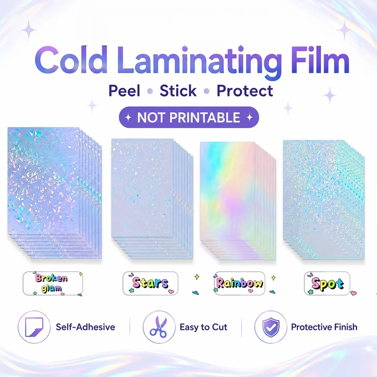 Clear Vinyl Self Adhesive Waterproof Transparent ,A4 Size Holographic Overlay with 4 Styles Mixed-Not Printable