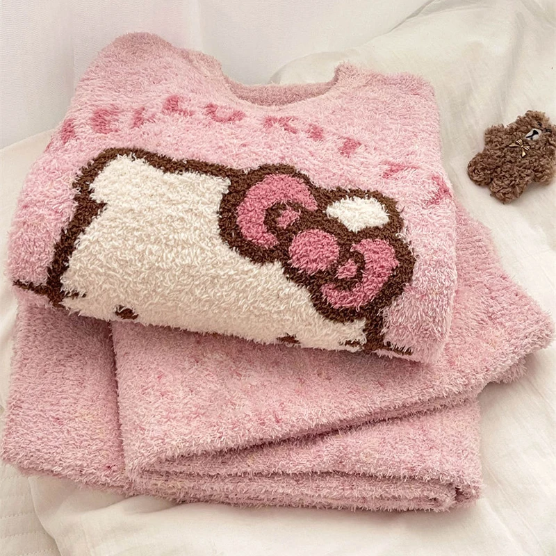 New Sanrio Hello Kitty Kawaii Original Girl Sweet Pajamas Female Winter New Mirad Style Round Neck Can Go Out Homewear Suit