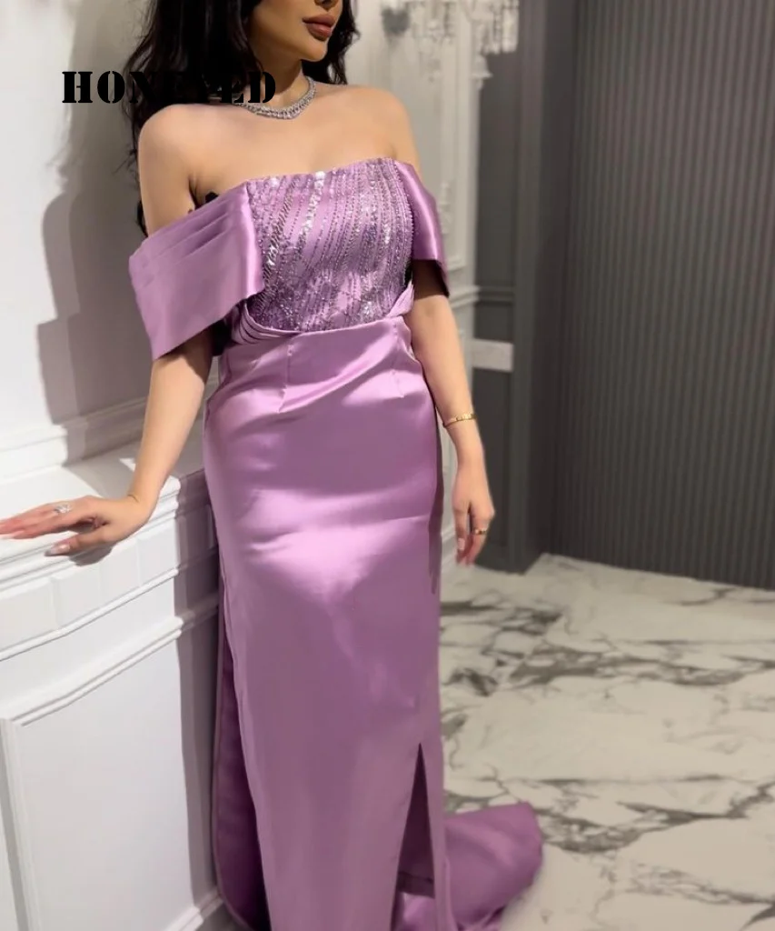 Honeyed Boat Neck 2023 Satin Of The Bride Dresses Purple Beading Women Guests Elegant Evening Prom Dress Plus Size Party Gown