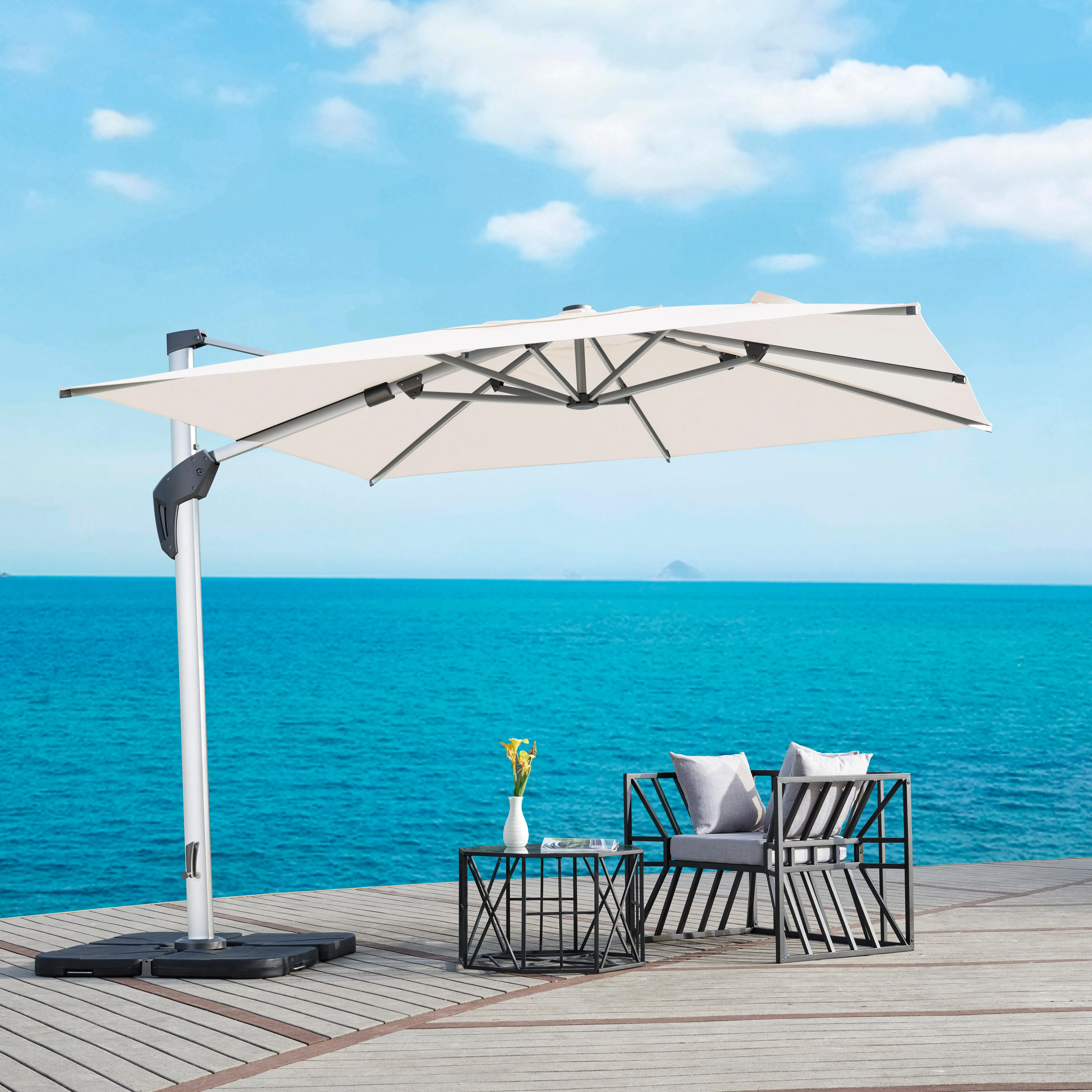 Multi Angle Adjustable LED Outdoor Patio Umbrella Square Roman Cantilever Shade Umbrella for Residential Garden Relaxation
