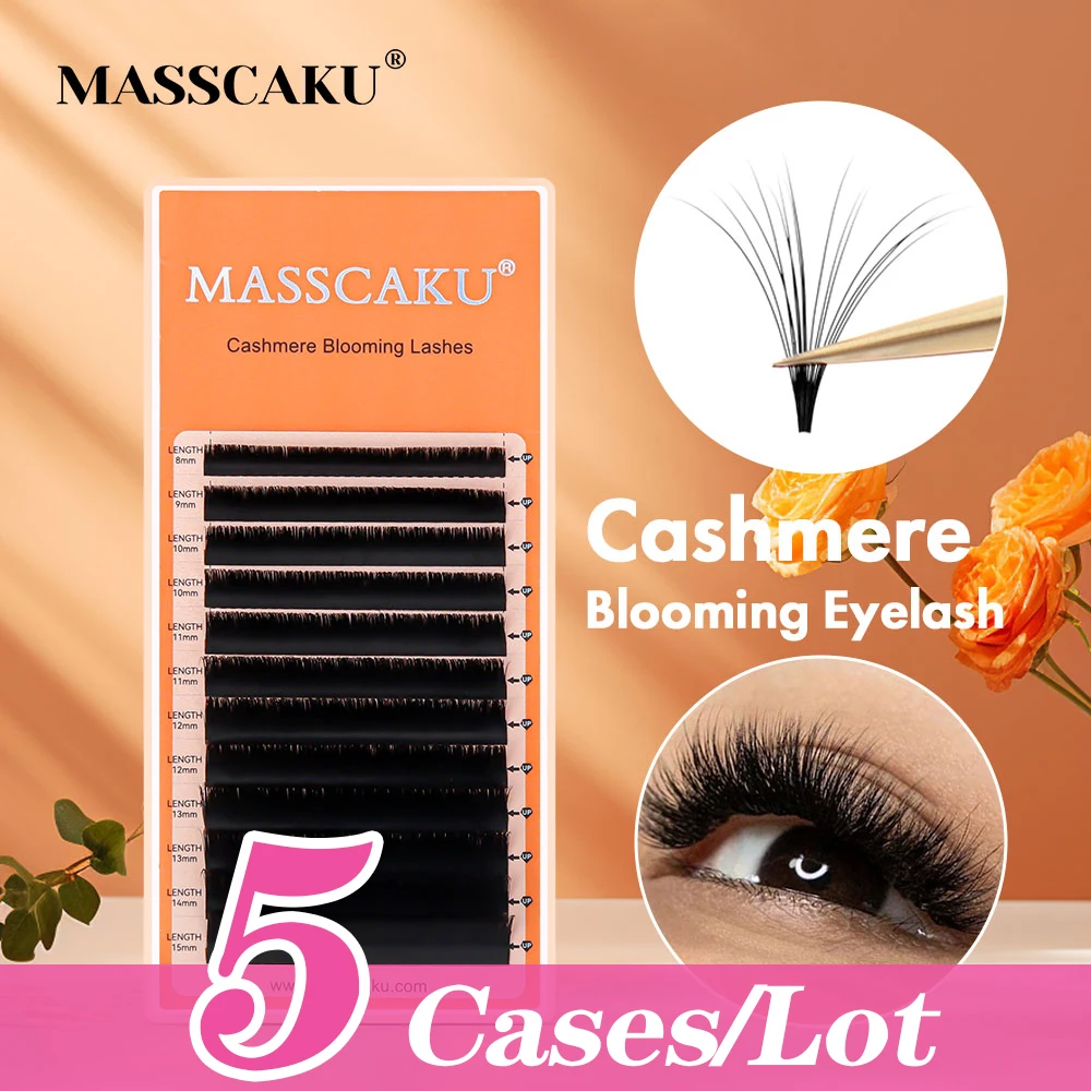 

MASSCAKU 5cases/lot Camellia Blooming Eyelash Extensions 8-22mm All Size Matte Dark Black Mega Volume Fans Individual Eyelashes