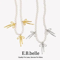E.B.belle Luxury Imitation Pearl Bowknot Pendant Necklace 18k Gold Plated Hypoallergenic Fashion Women Jewelry Charm
