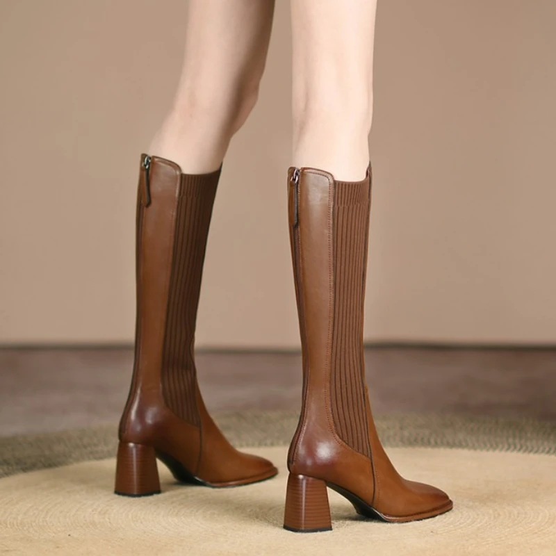 

Winter Stretch Slim Women Knee-High Boots Fashion Zippers Thick Heels Shoes Female Vintage Long Booties Zapatos De Muje