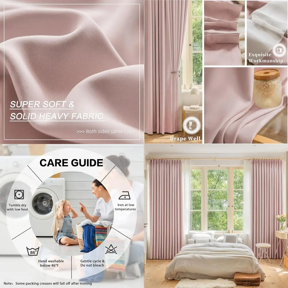 

90 длинных розовых плиссированных термоизолированных штор с крючками для дорожных стержней, ширина 52, детский розовый (1 панель)