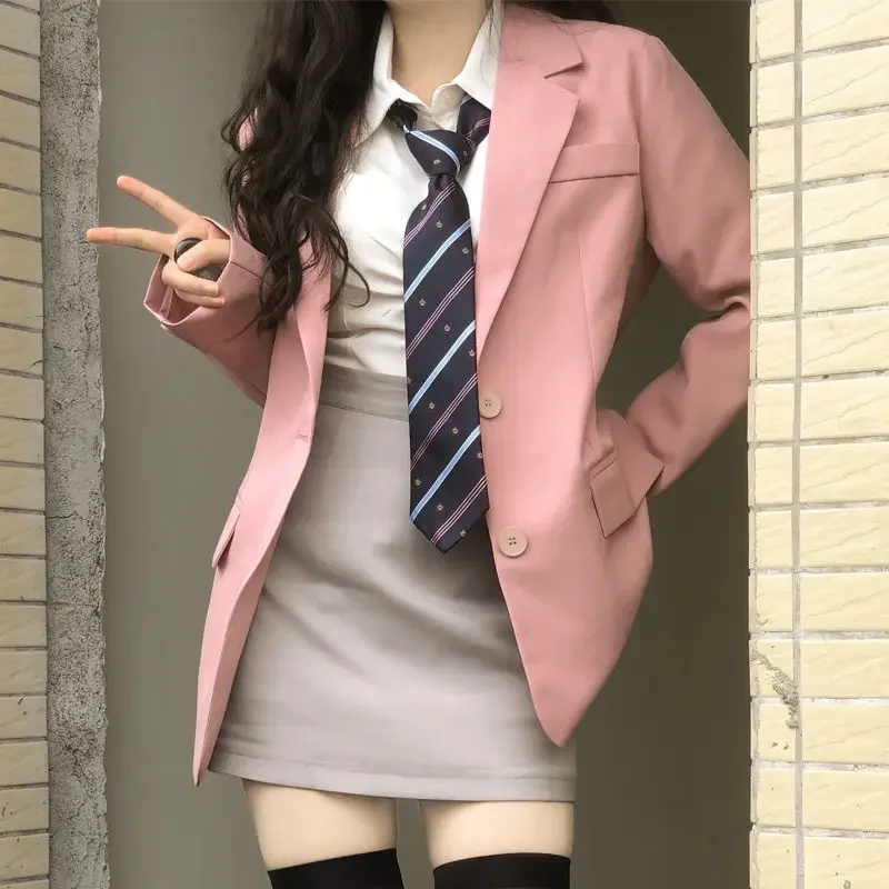 Insozkdg-jaqueta pequena rosa estilo universitário rua frita para mulheres, blazer elegante com tudo a combinar, solto para estudante, primavera e outono