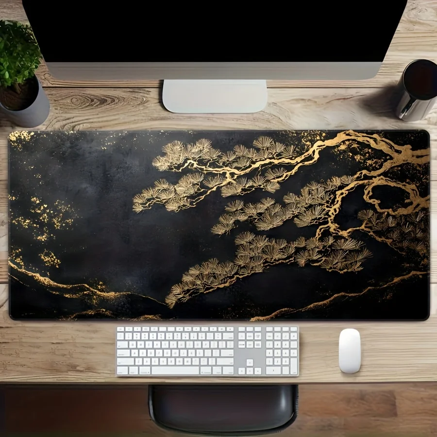 

1pc Large Extended Desk Pad Compatible for PC Gaming & Office - Golden HD Engraved Mouse & Keyboard with Stitched Edges