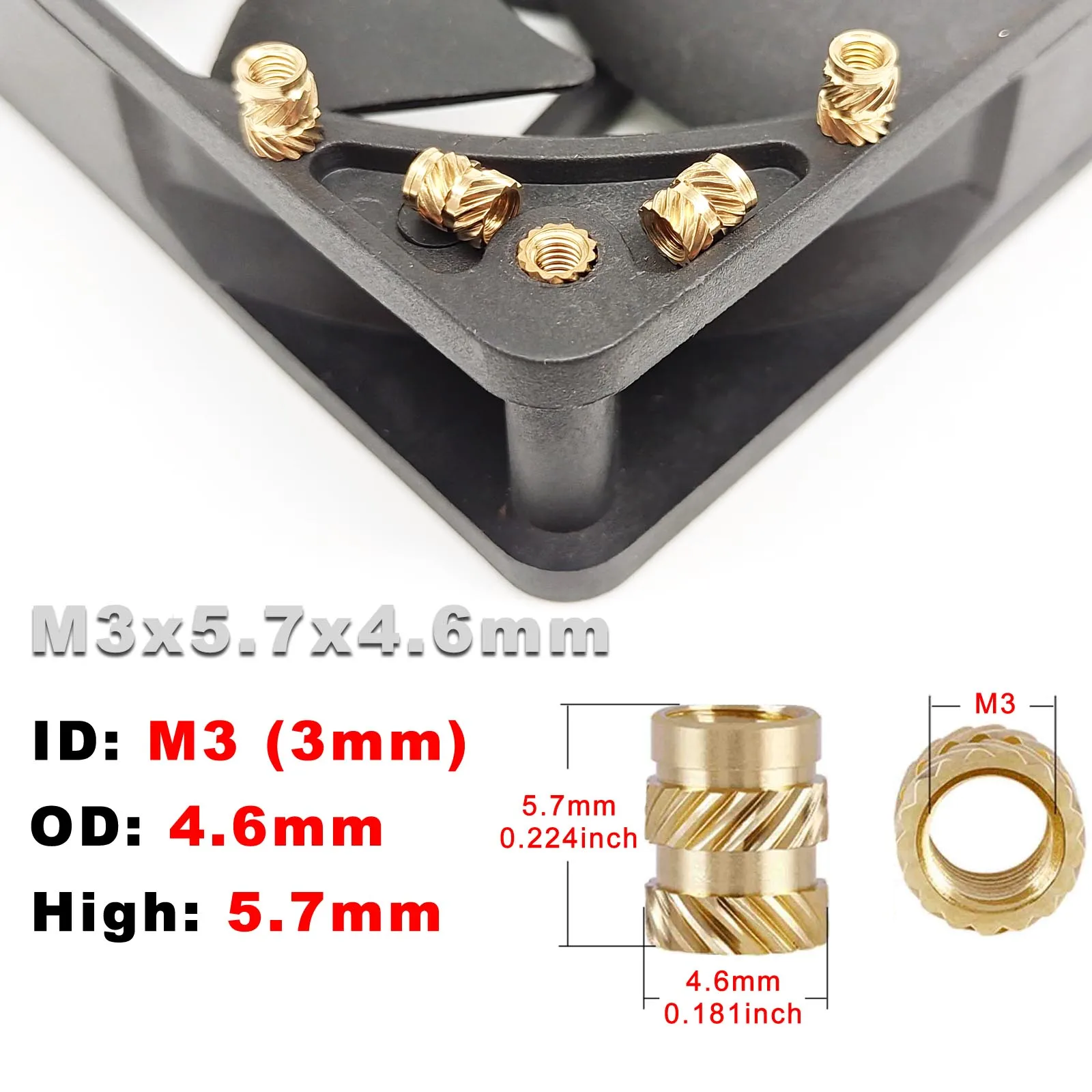 HZYUEGOU100 Stück M3x5,7x4,6, 5,7 mm Höhe, 4,6 mm Außendurchmesser, gerändelte Messing-Einsteckmutter für 3D-Drucker, Heißschmelz- und Heißspritzgussverfahren – Detail 1