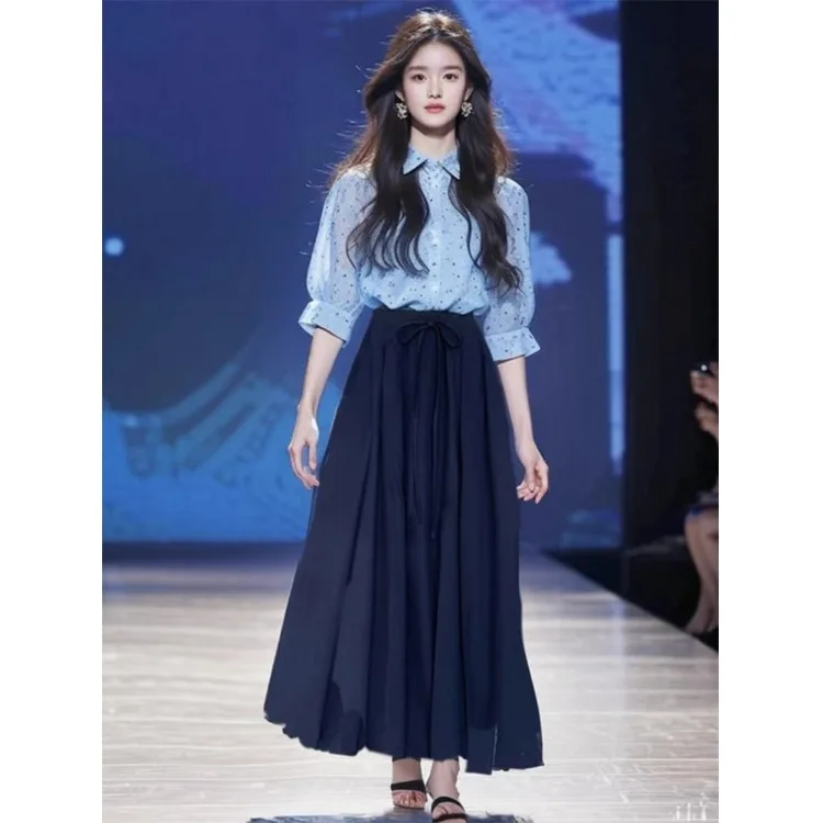 

Синяя юбка с цветочным принтом, красивый костюм-двойка, летняя мода 202, полиэфирное волокно ort Sve, застежка на пуговицы