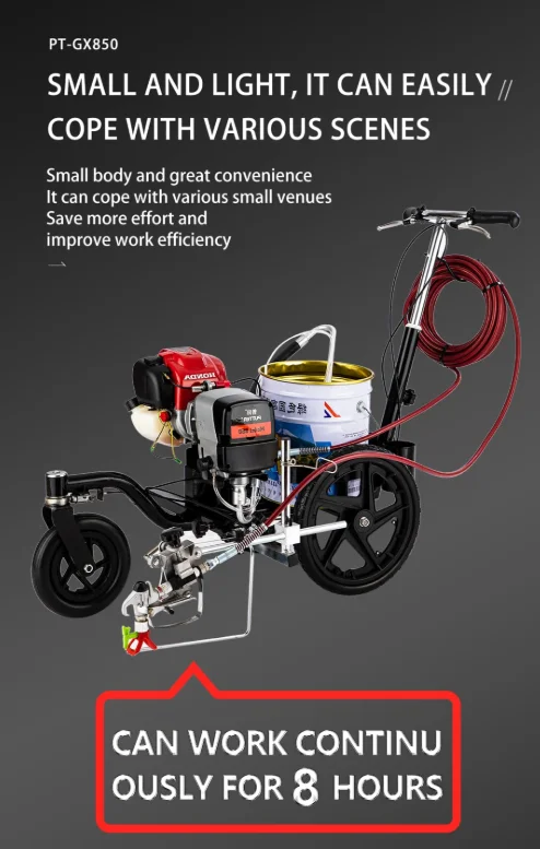 Low-noise road marking machine, equipped with a single-cylinder four-stroke engine, low fuel consumption