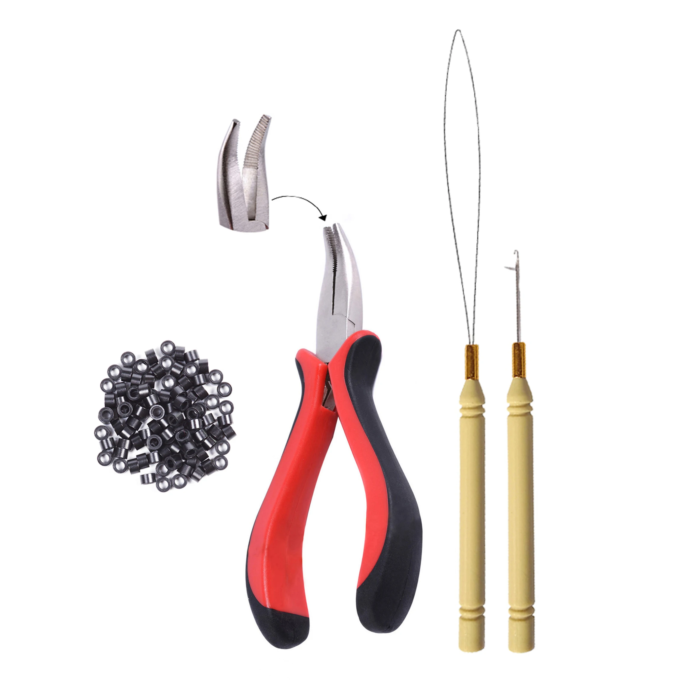 

1 бутылка/100 шт. 5 мм микрозвенья/бусины + 2 шт. вытягивающих иглы + 1 шт. плоскогубцы для волос набор инструментов для наращивания волос