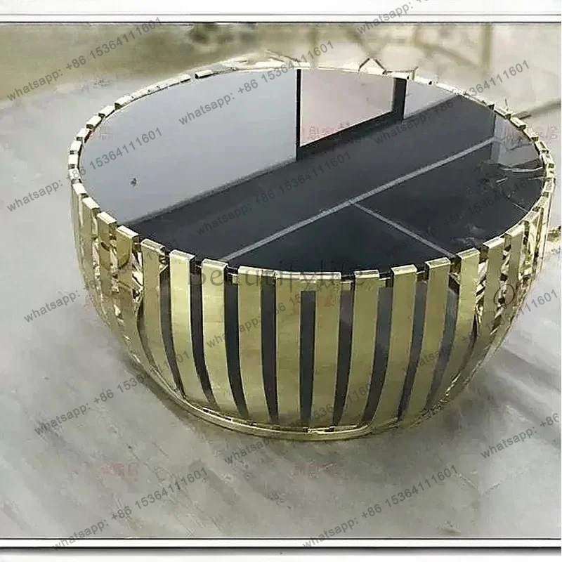 YJ Cocktail Shape Coffee Table Round Metal Tea Table Stainless Steel Vertical Bar Decor Glass Top Titanium Gold