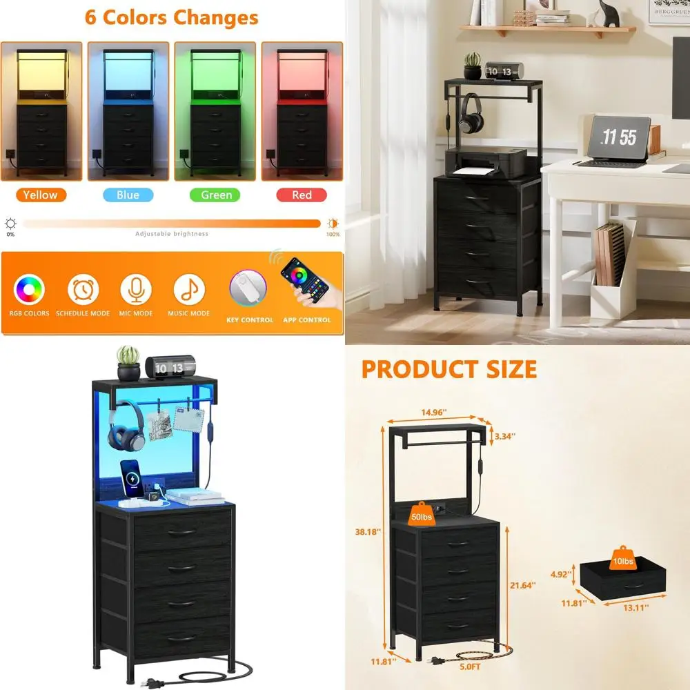 

Современная прикроватная тумбочка с 4 ящиками, зарядной станцией, светодиодной подсветкой и полками для хранения, отделка из черного дуба.