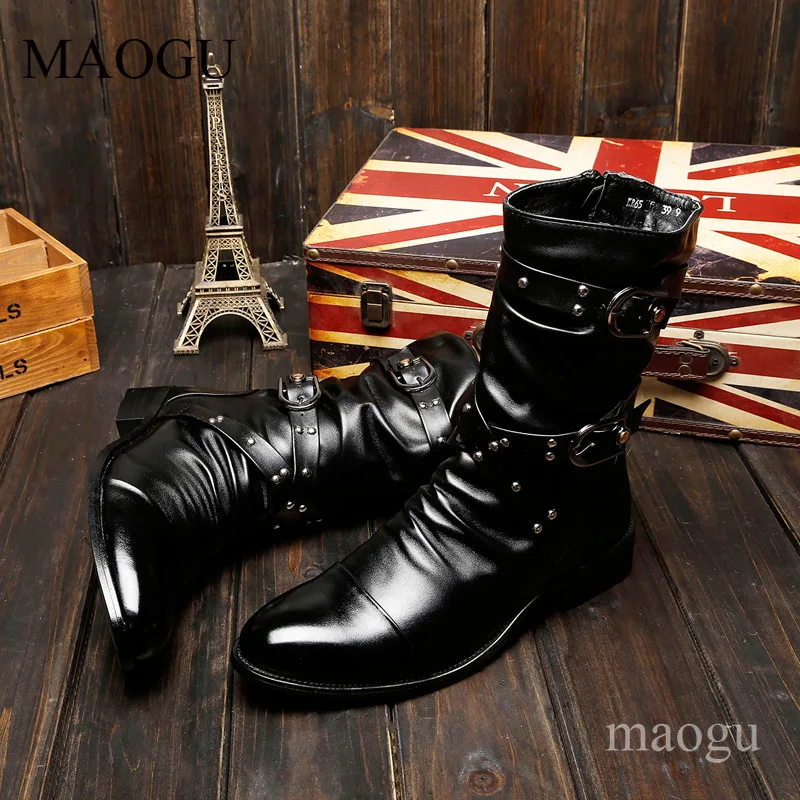 Men's Boots Black Pointed Toe Mid-calf Winter Plush Warm Shoes Fashion Motorcycle Boots Leather Buckle Strap Chelsea Boot Size46