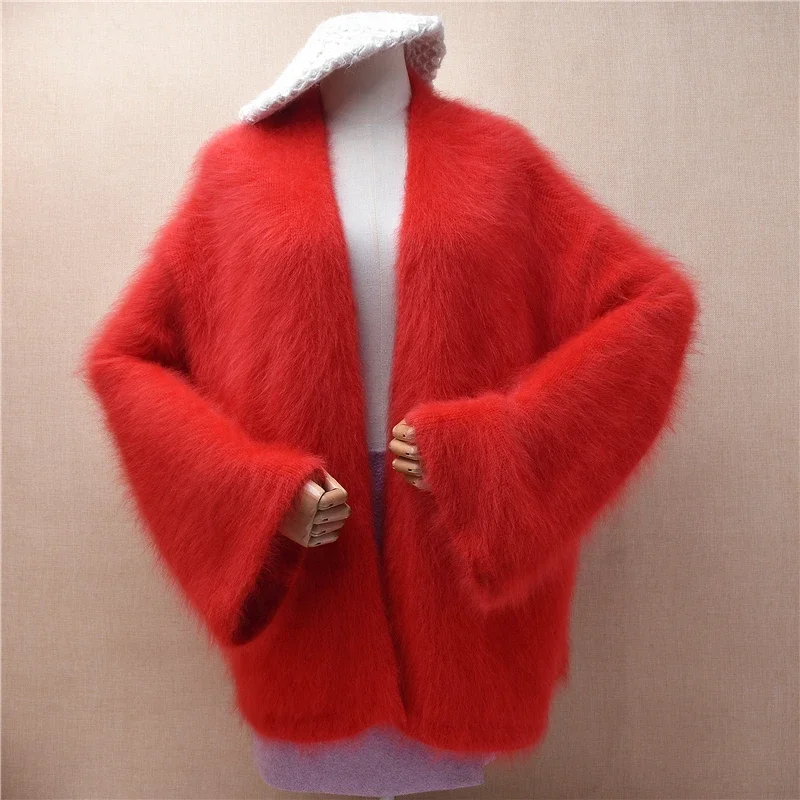 Women Mujer Autumn Winter Clothing Hairy Red Mink Cashmere Knitted Long Flare Sleeves Loose Cardigans Mantle Angora Sweater Coat