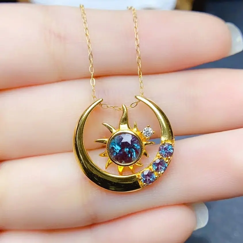 

Round 6mm Alexandrite Pendant 925 Sterling Silver Alexandrite Sun Moon Necklace Silver Gemstone Jewelry For Women Gift