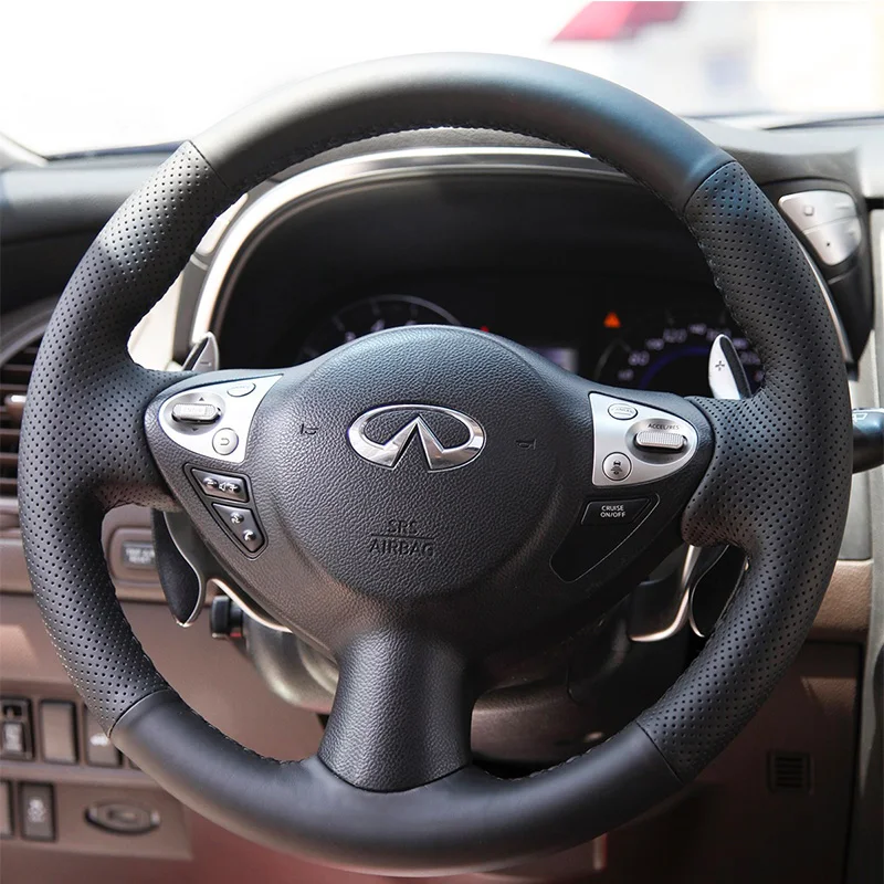 

For Infiniti FX FX35 FX37 FX50 2009-2013 QX70 Hand Stitched Non-Slip black Genuine Leather Car Steering Wheel Cover