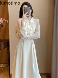 Kimotimo Spring Long Sleeve Dress Women Lapel Ruffled High Waist Slim A-line Office Ladies Dresses Temperament Solid Vestidos