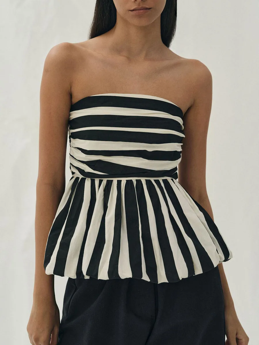 Women s Strapless Peplum Tops Stripe Print Ruched Backless Cropped Bubble Bandeau