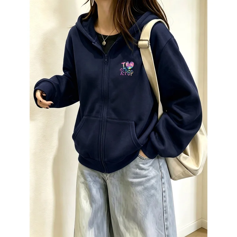 Women I Love Kpop Heart Print Zip Up Hoodie  Full-Zip Sweatshirt  Kangaroo Pocket Loose Jacket